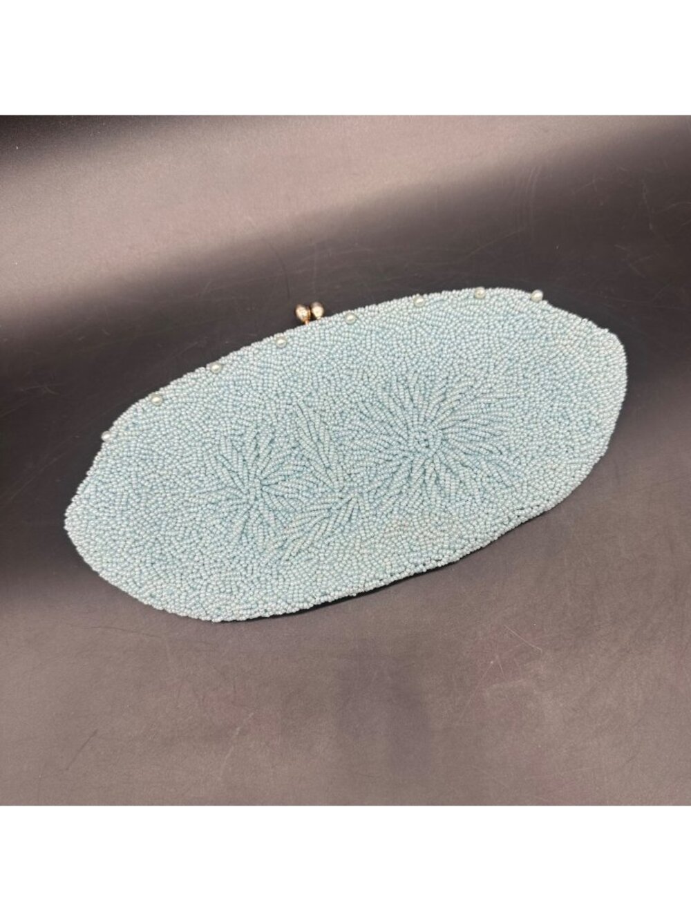 Vintage Blue Beaded Purse Handbag Floral Mid Century Evening Clutch Retro Glam